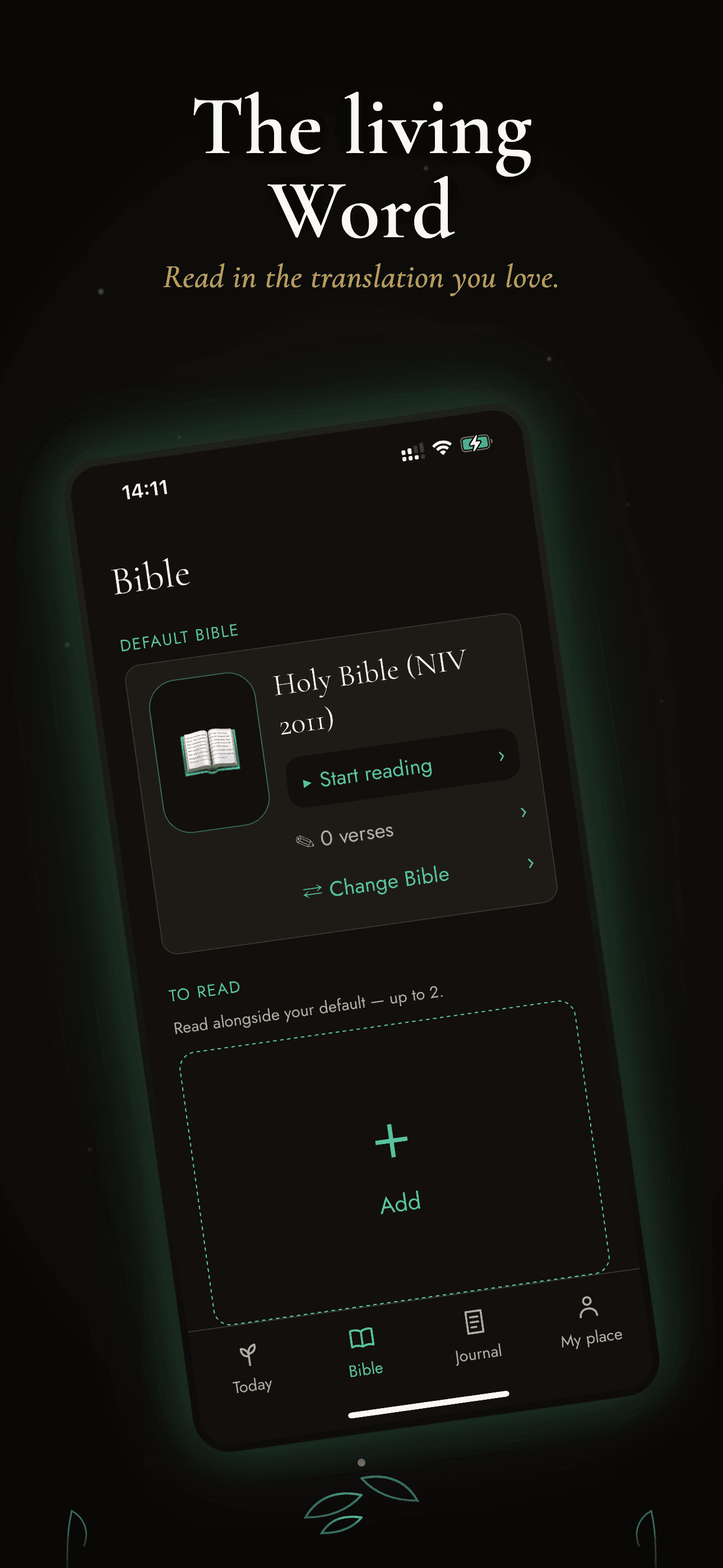 The Bible screen showing the reader's default translation