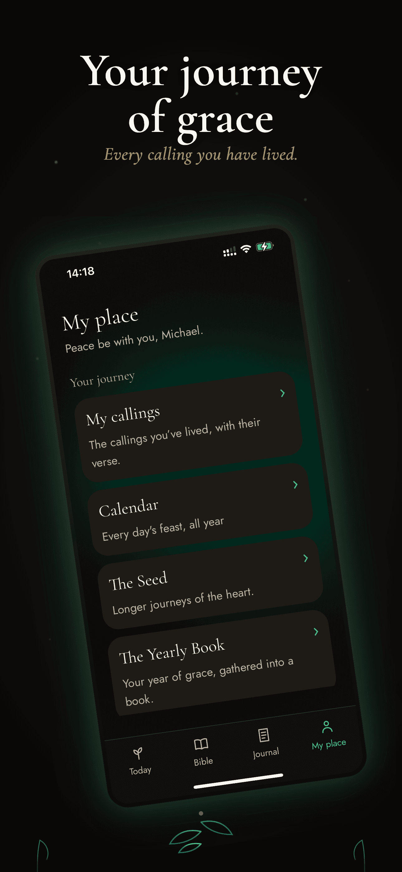 The personal space screen listing callings, calendar and the Seed