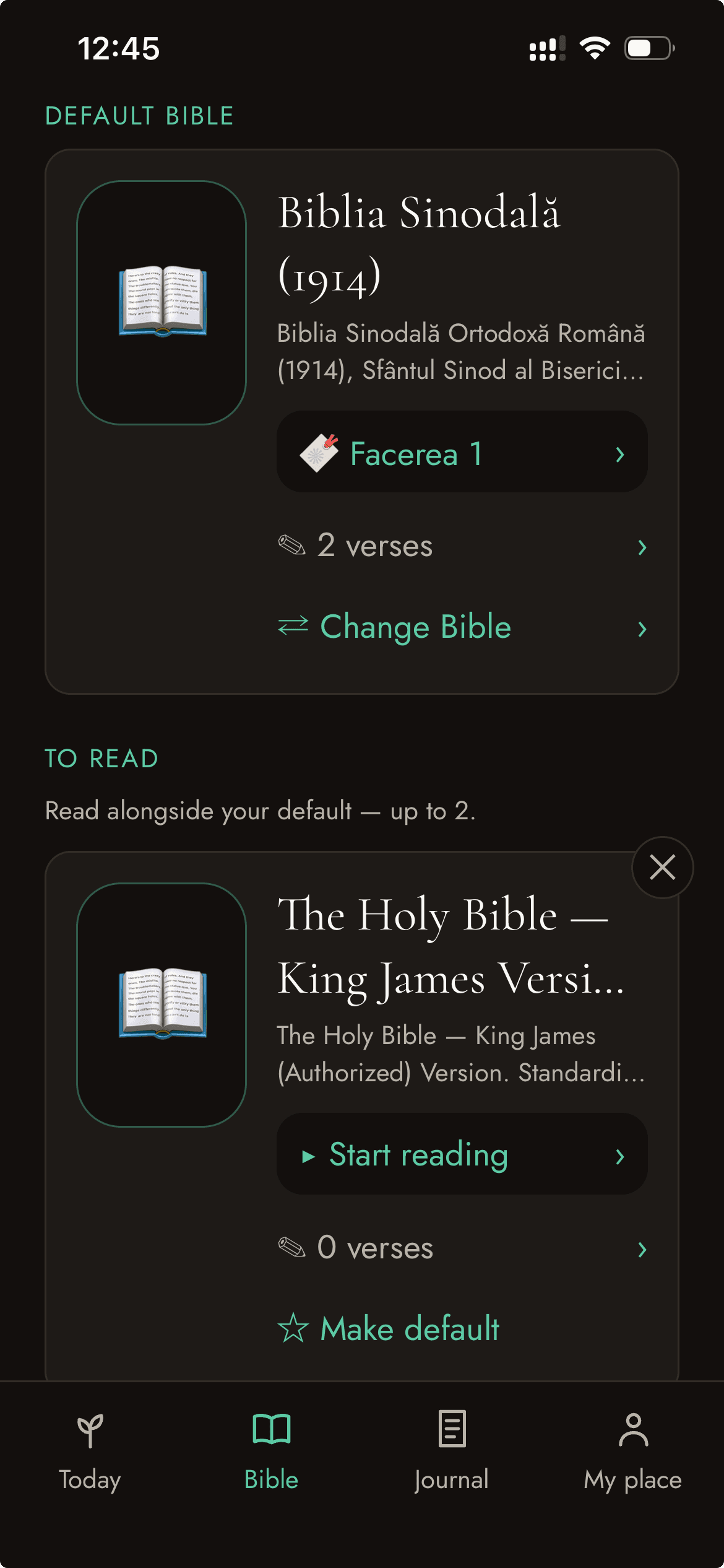 The Bible screen: the default edition, with a second one on the shelf